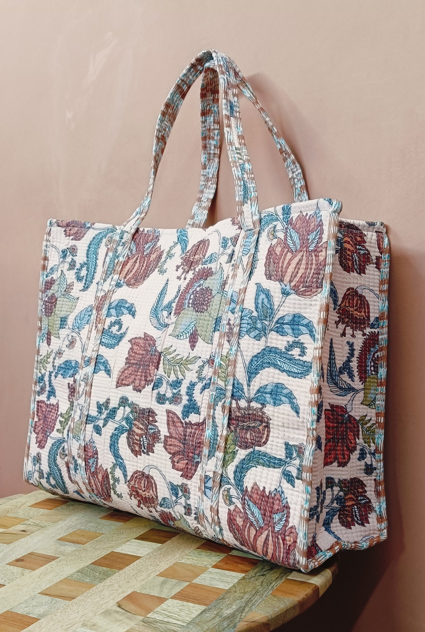 Handblock Printed Quilted Tote Bag without zip/button 17x18x 6 inches