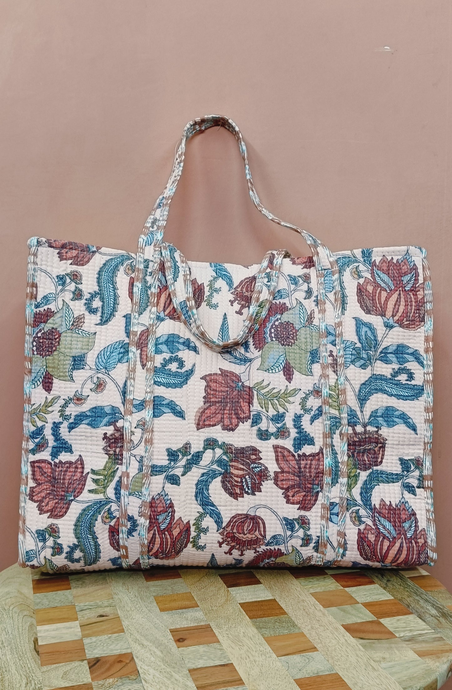 Handblock Printed Quilted Tote Bag without zip/button 17x18x 6 inches