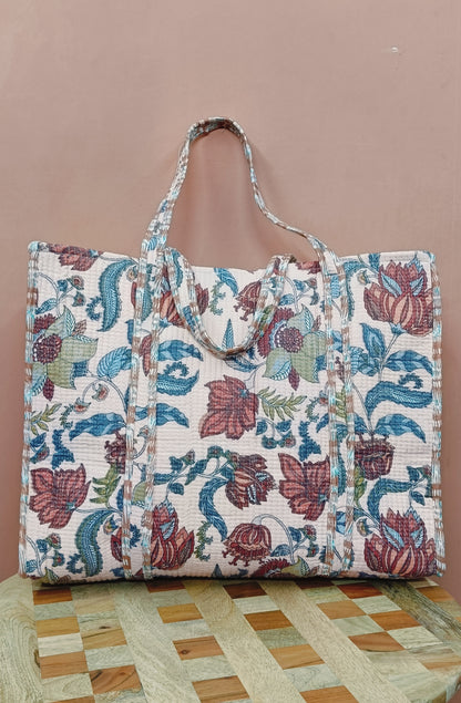 Handblock Printed Quilted Tote Bag without zip/button 17x18x 6 inches