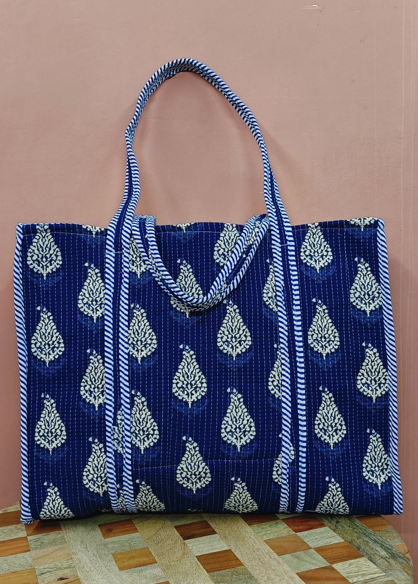 Handblock Printed Quilted Tote Bag without zip/button 17x18x 6 inches