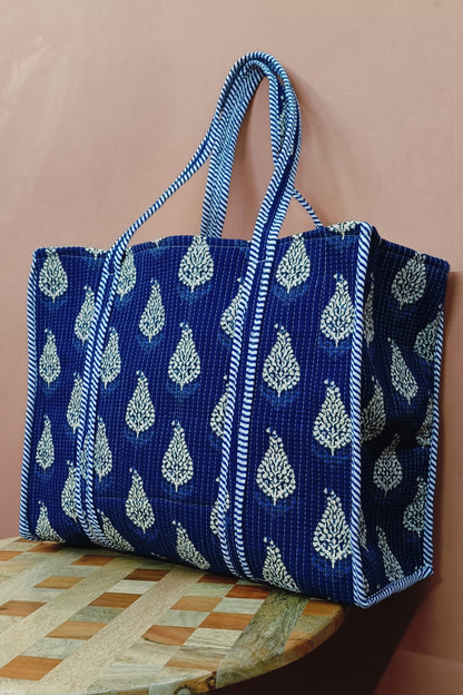 Handblock Printed Quilted Tote Bag without zip/button 17x18x 6 inches