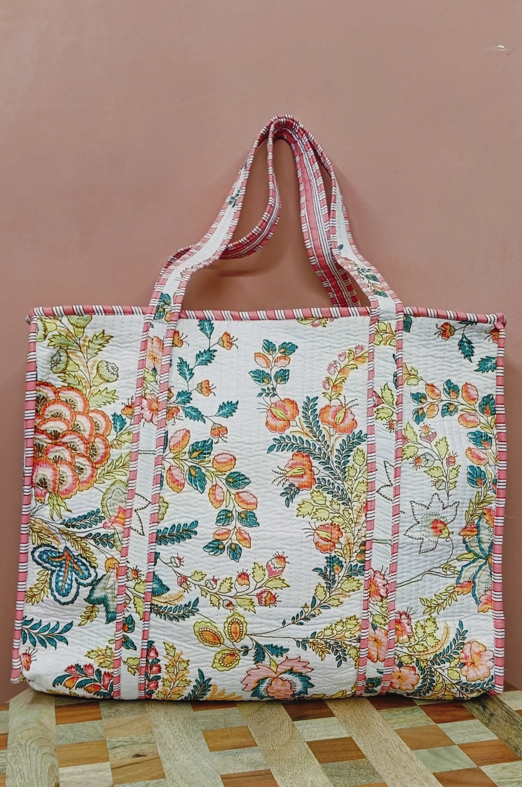 Handblock Printed Quilted Tote Bag with concealed zip ( 17x18x 6 inches)