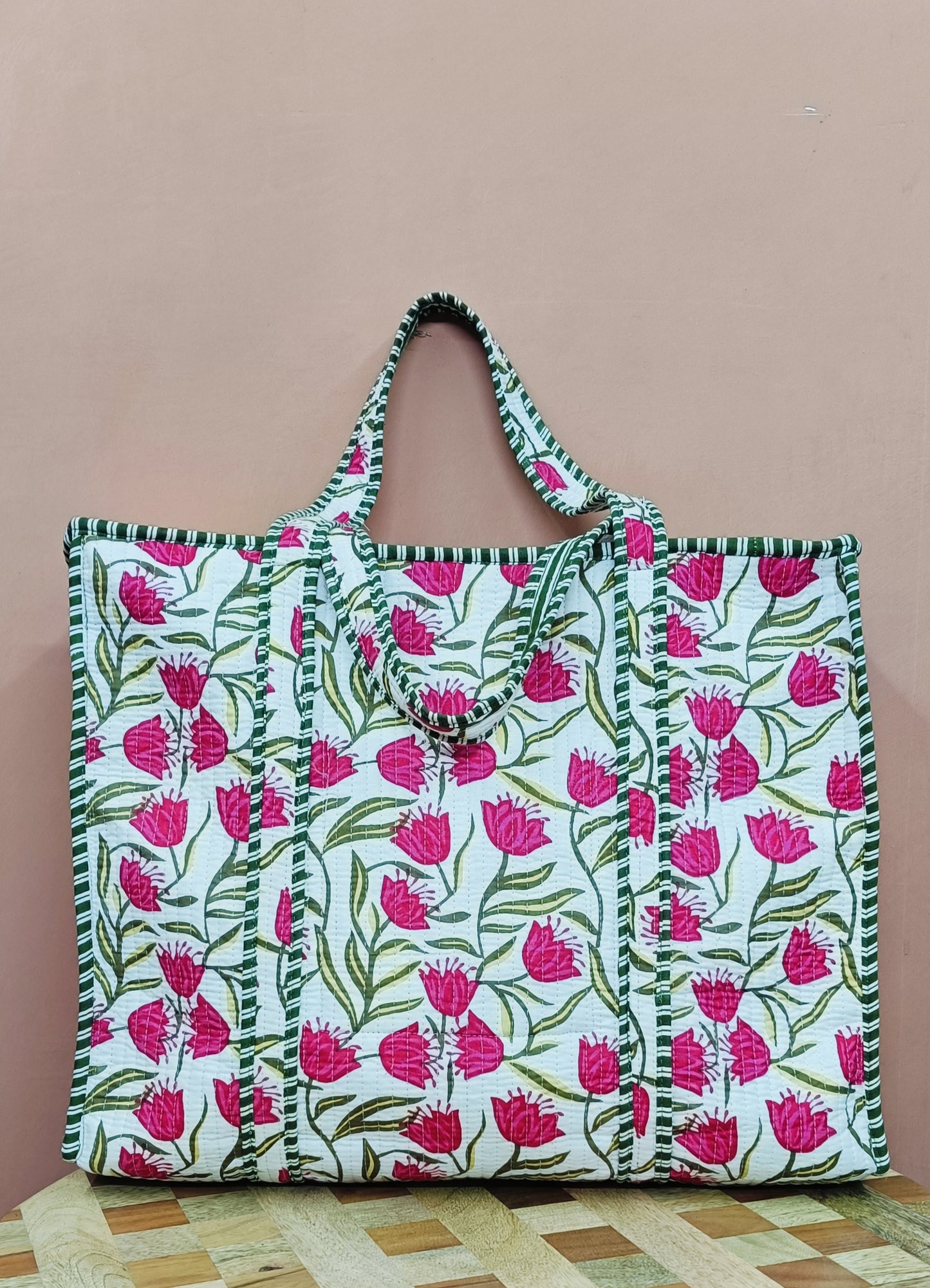 Handblock Printed Quilted Tote Bag with concealed zip ( 17x18x 6 inches)