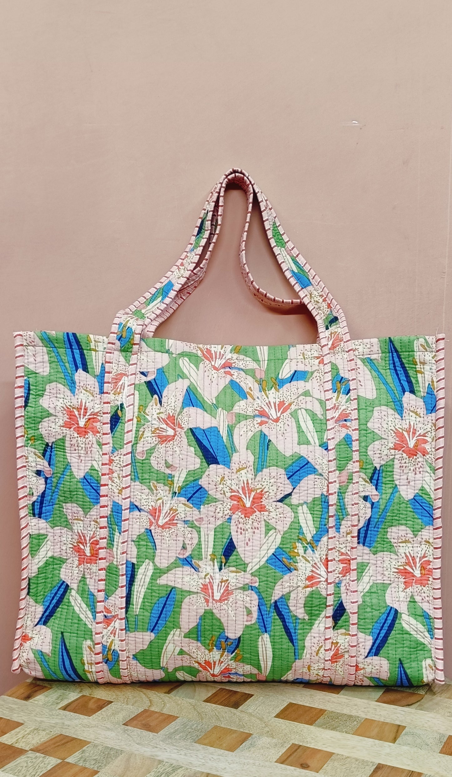 Handblock Printed Quilted Tote Bag without zip/button 17x18x 6 inches