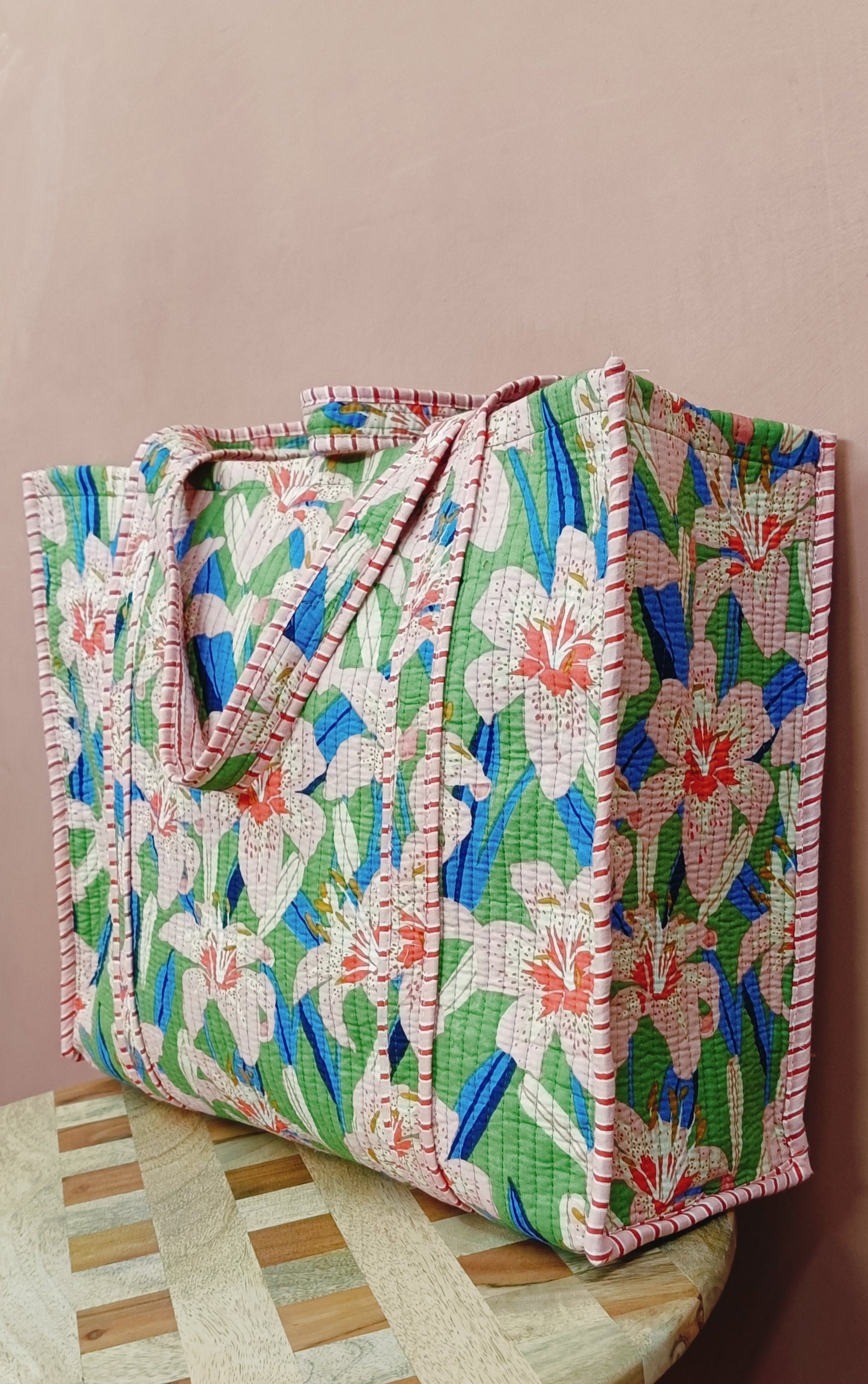 Handblock Printed Quilted Tote Bag without zip/button 17x18x 6 inches