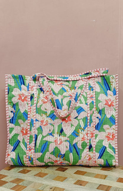 Handblock Printed Quilted Tote Bag without zip/button 17x18x 6 inches