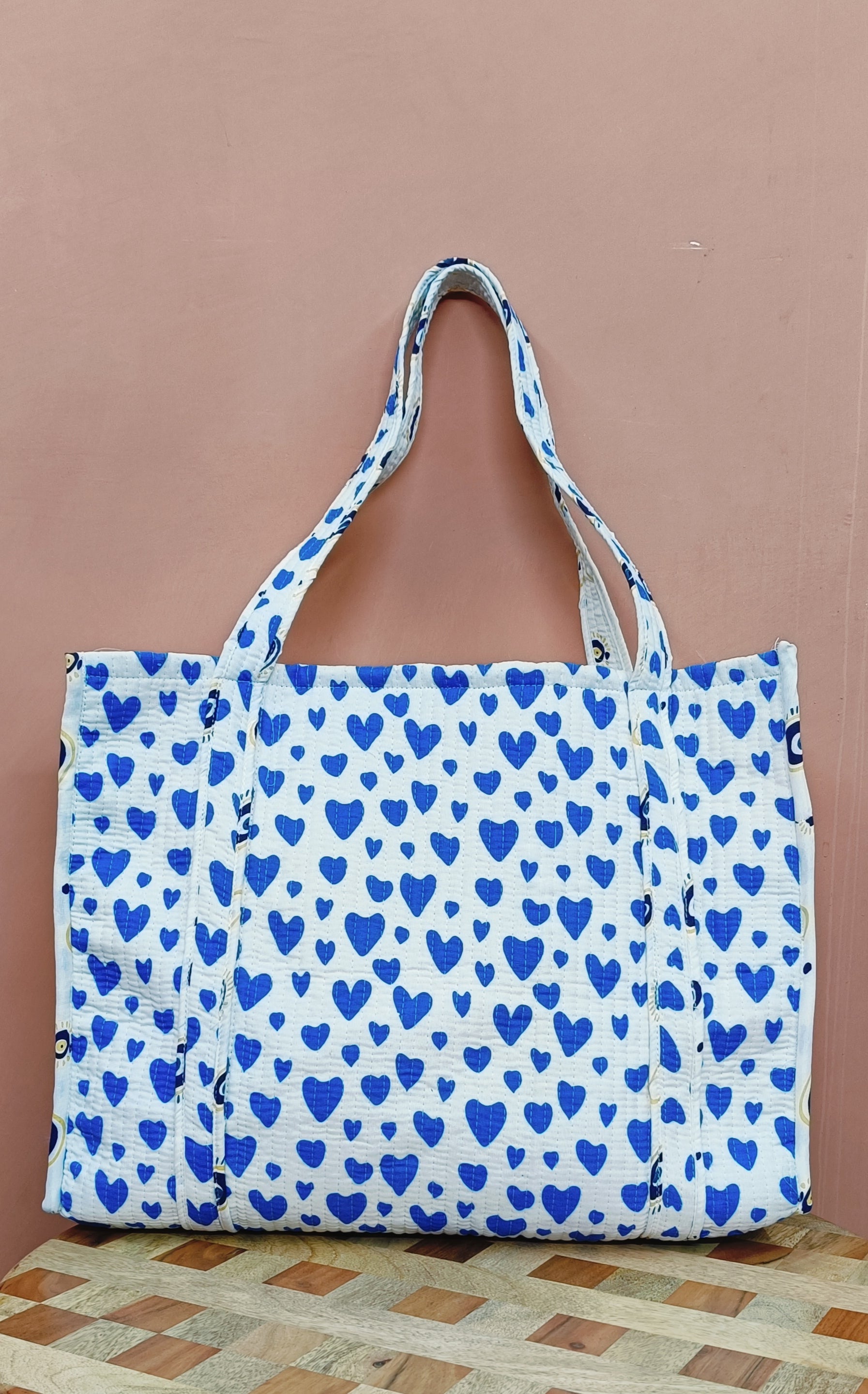 Handblock Printed Quilted Tote Bag without zip/button 17x18x 6 inches