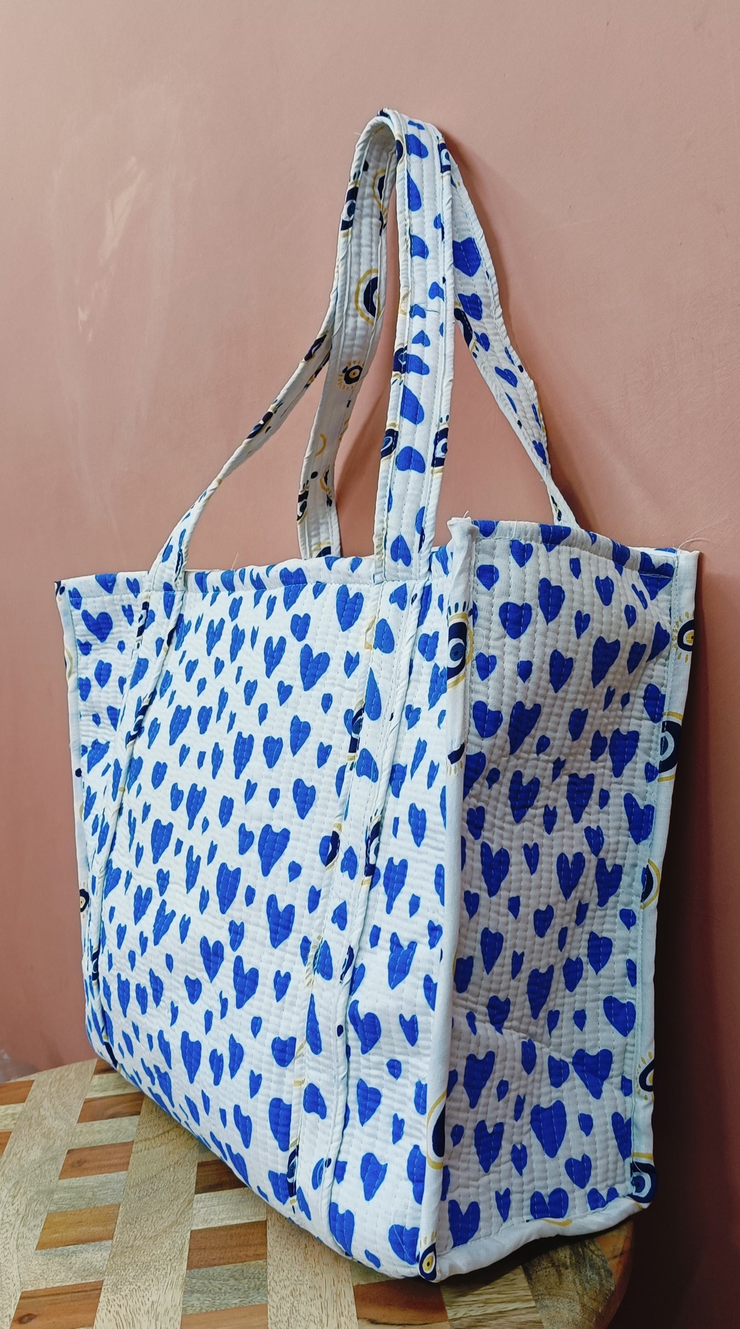 Handblock Printed Quilted Tote Bag without zip/button 17x18x 6 inches