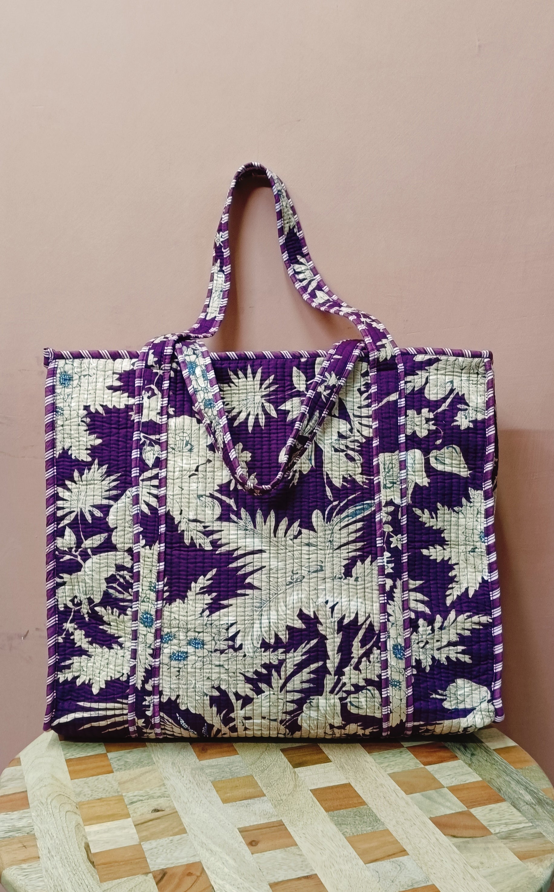 Handblock Printed Quilted Tote Bag with concealed zip ( 17x18x 6 inches)