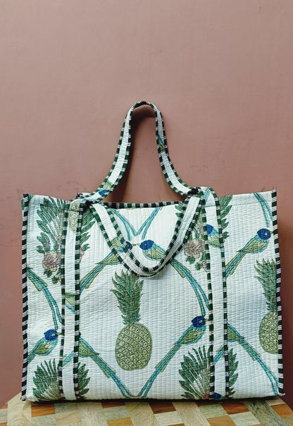 Handblock Printed Quilted Tote Bag without zip/button 17x18x 6 inches