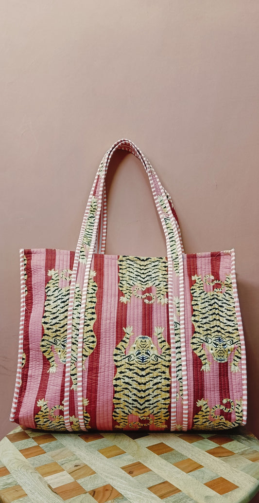 Handblock Printed Quilted Tote Bag without zip/button 17x18x 6 inches