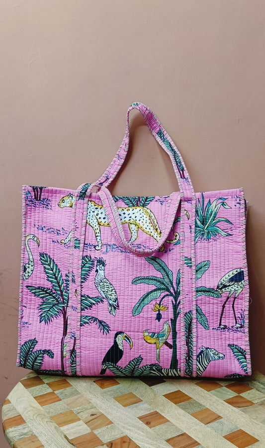 Handblock Printed Quilted Tote Bag without zip/button 17x18x 6 inches