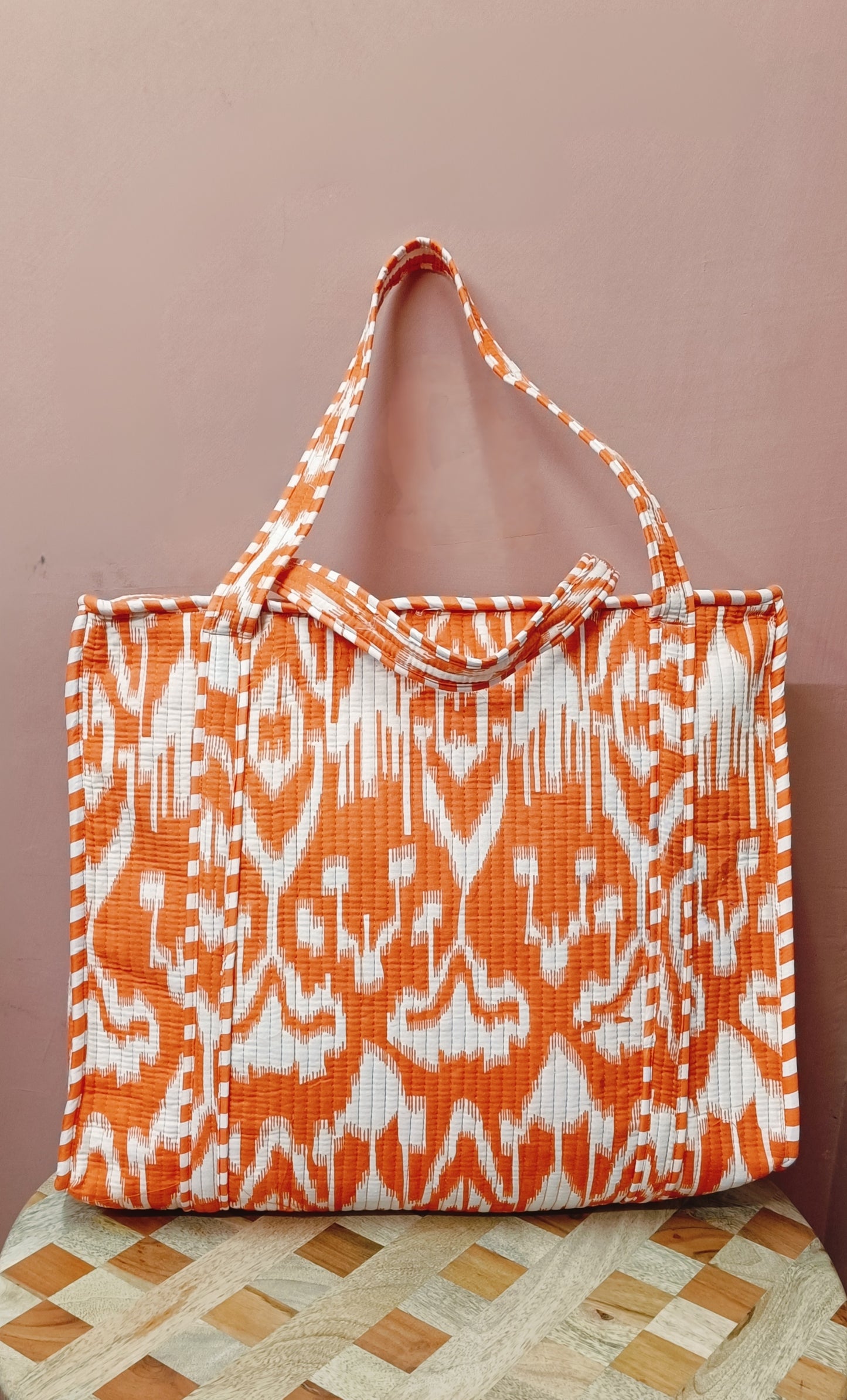 Handblock Printed Quilted Tote Bag with concealed zip ( 17x18x 6 inches)