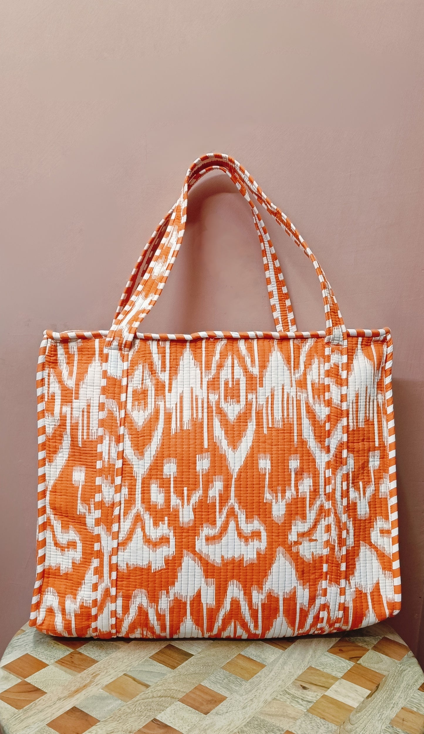 Handblock Printed Quilted Tote Bag with concealed zip ( 17x18x 6 inches)