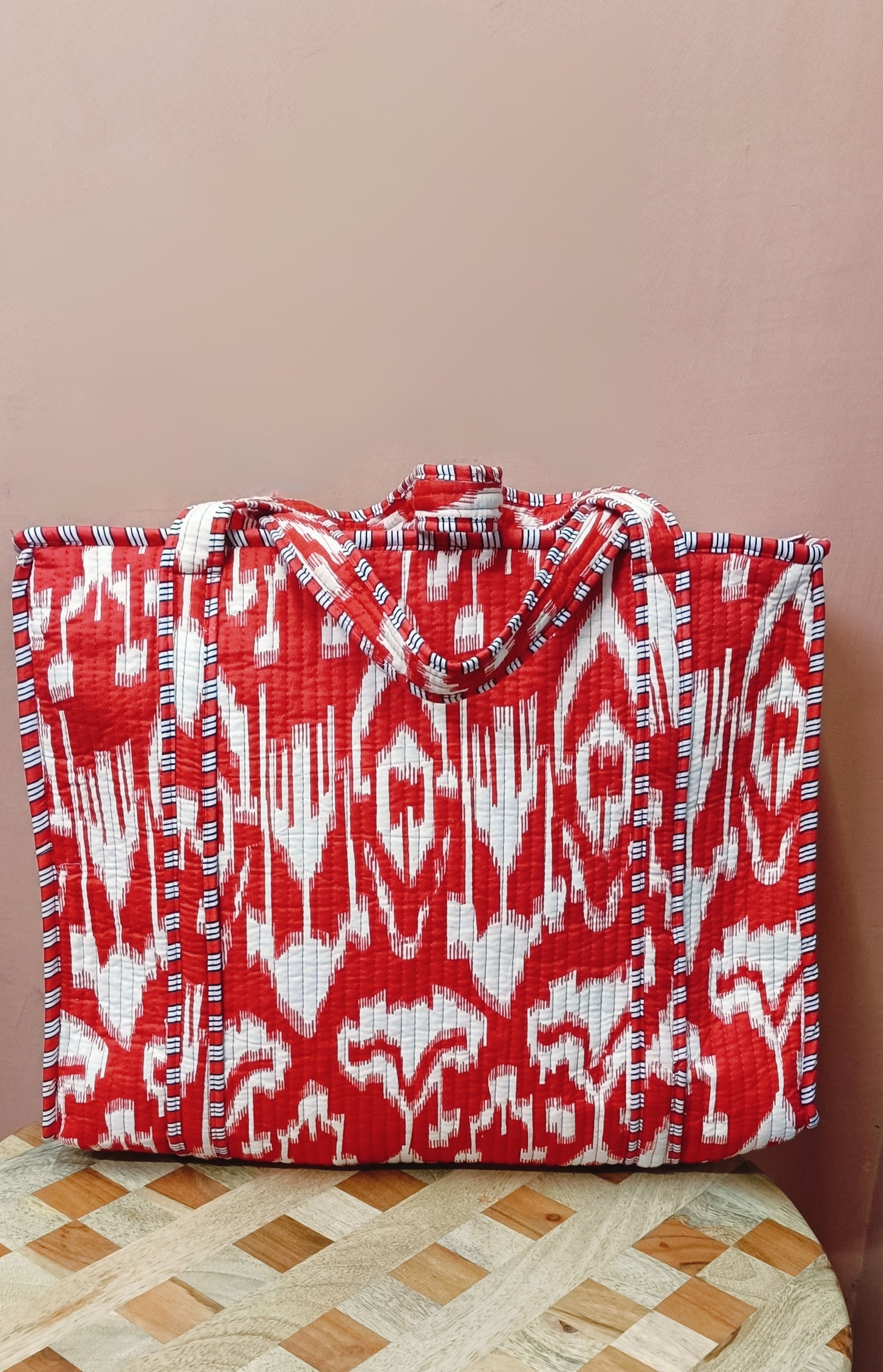 Handblock Printed Quilted Tote Bag with concealed zip ( 17x18x 6 inches)