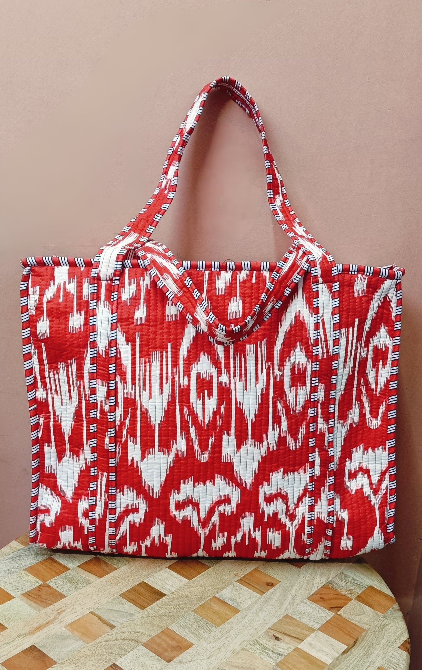 Handblock Printed Quilted Tote Bag with concealed zip ( 17x18x 6 inches)