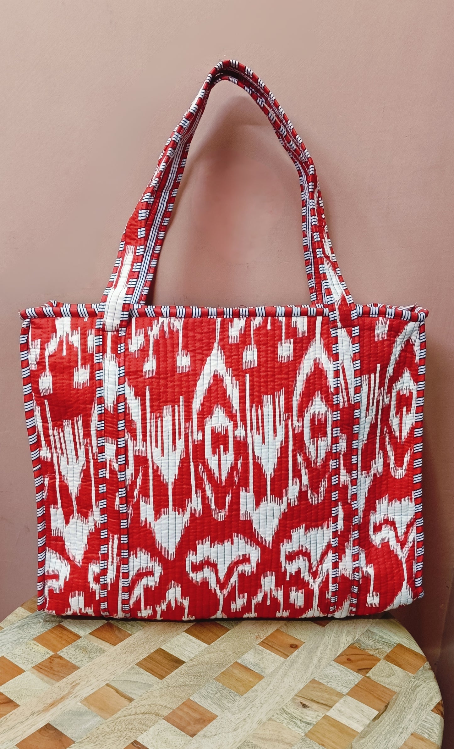 Handblock Printed Quilted Tote Bag with concealed zip ( 17x18x 6 inches)