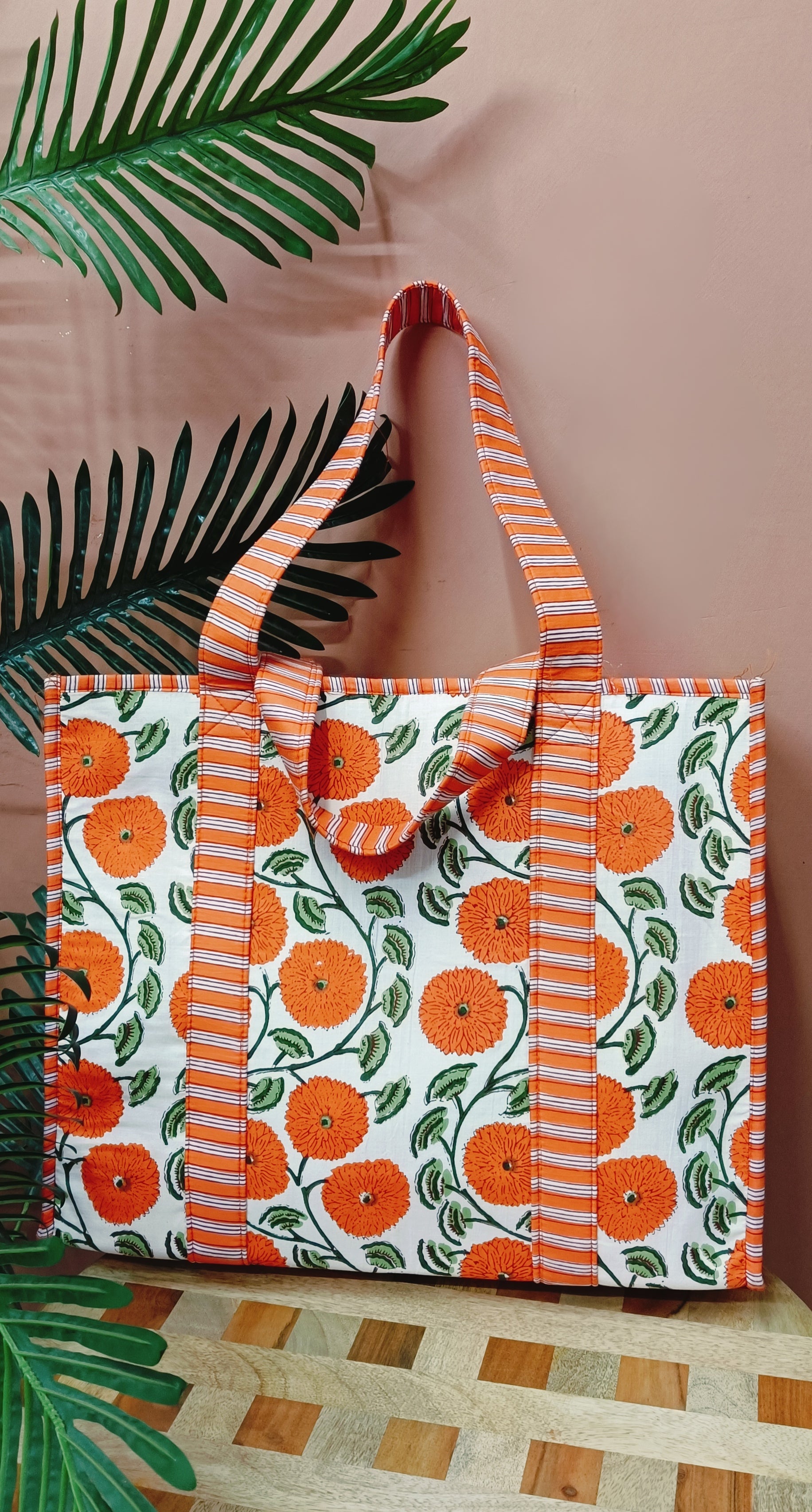 Structured Tote Bag without zip - 100% cotton Handblock printed 17x18x6 inches