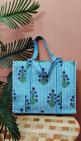 Structured Tote Bag without zip - 100% cotton Handblock printed 17x18x6 inches