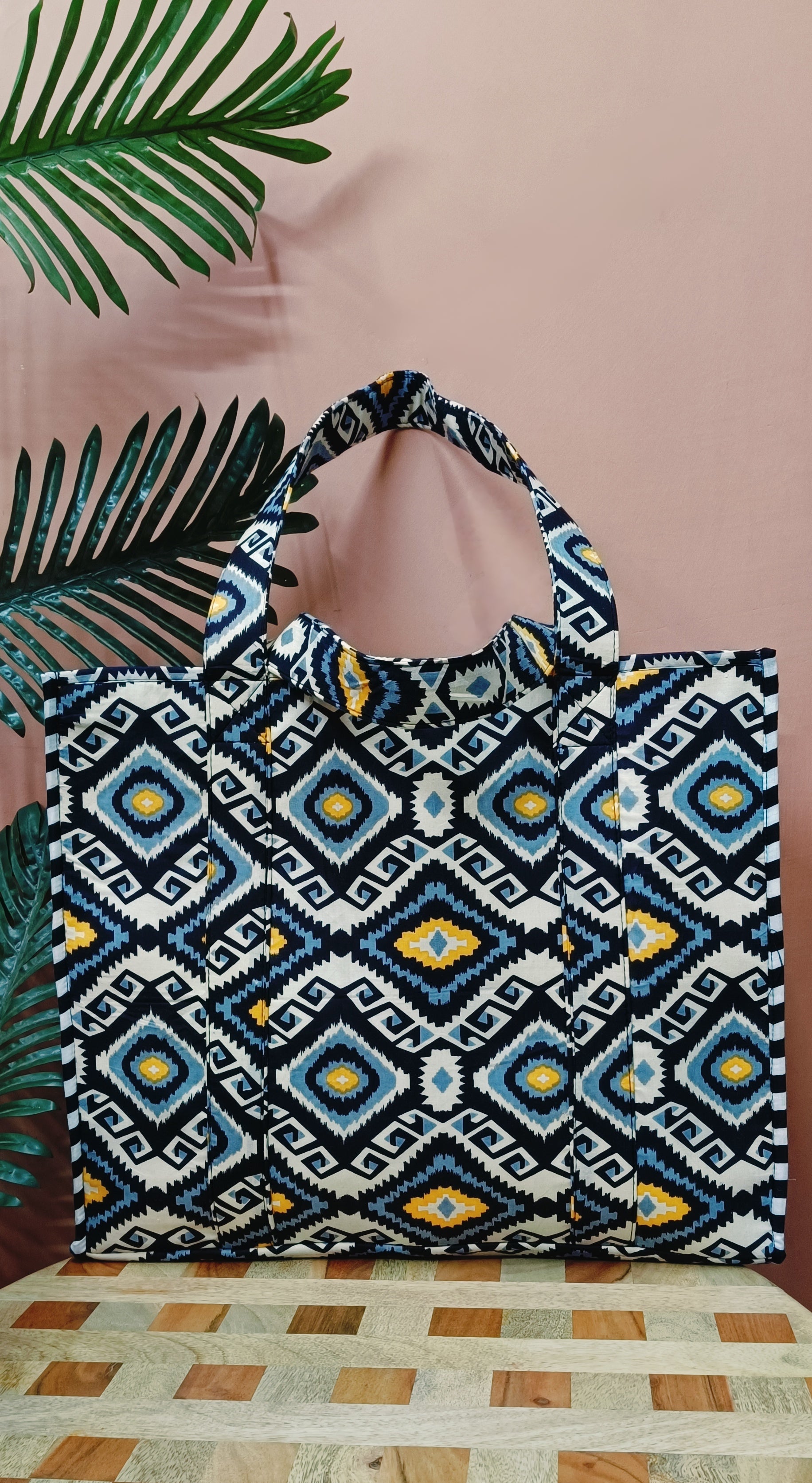 Structured Tote Bag without zip - 100% cotton Handblock printed 17x18x6 inches