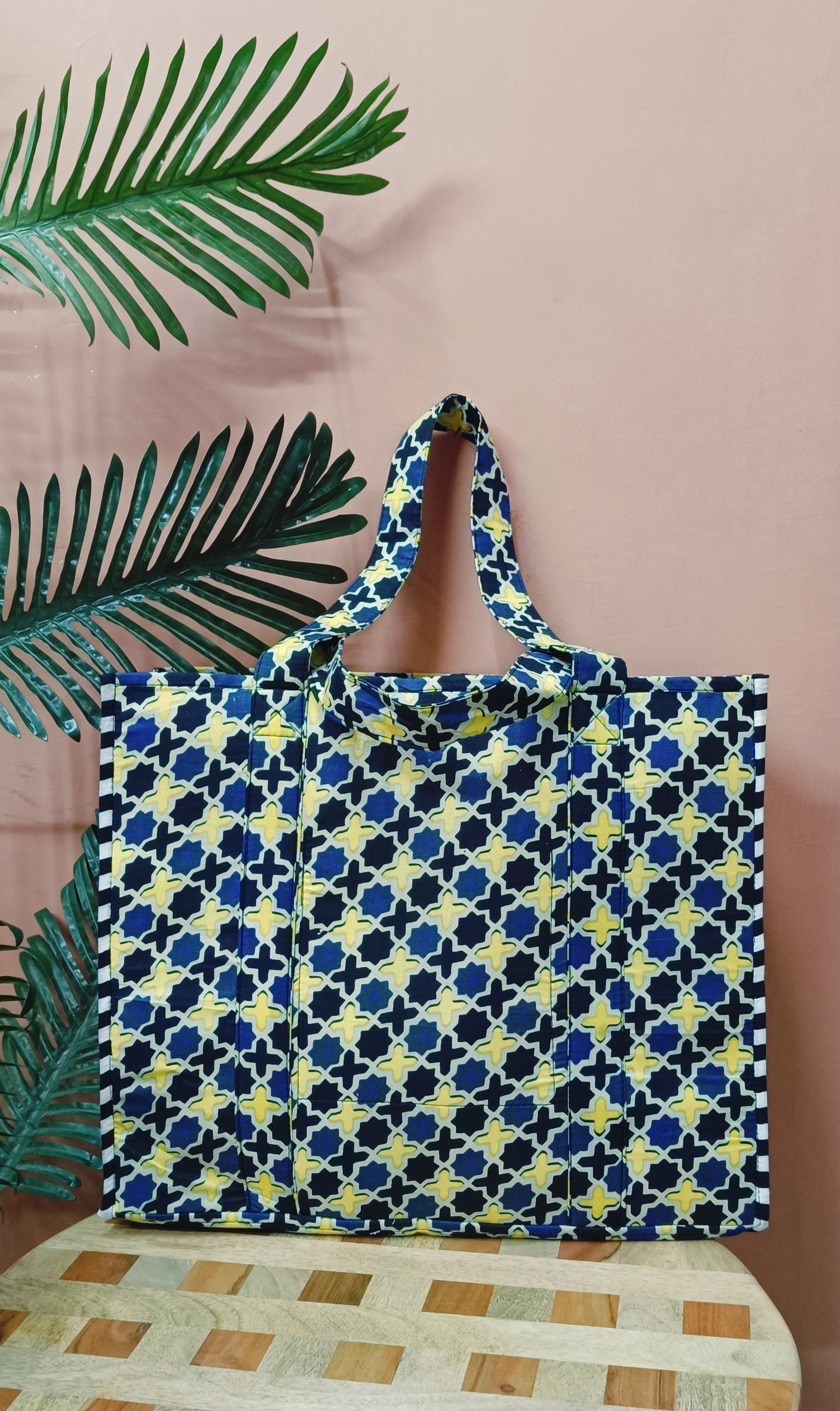 Structured Tote Bag without zip - 100% cotton Handblock printed 17x18x6 inches