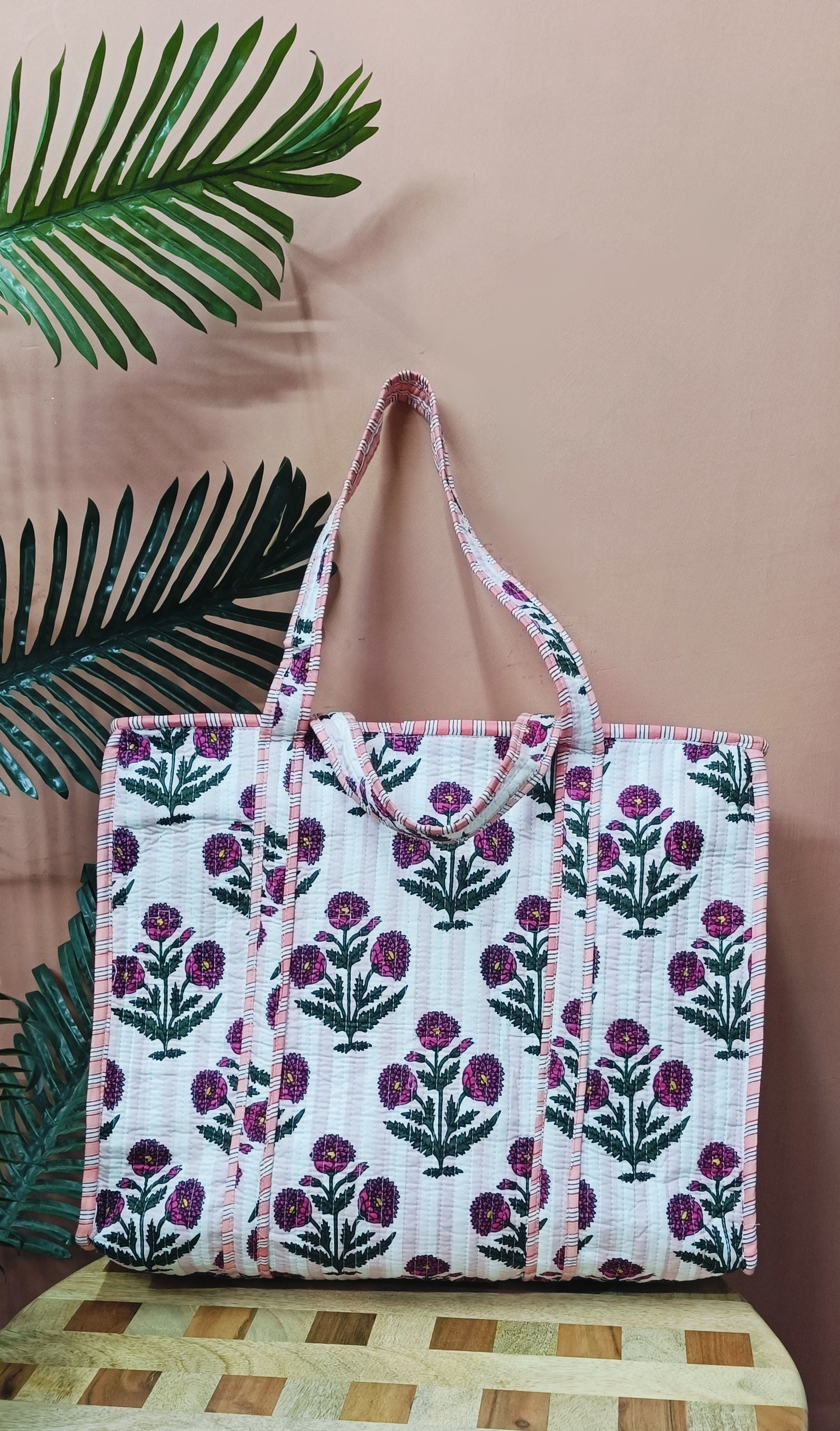 Handblock Printed Quilted Tote Bag with concealed zip ( 17x18x 6 inches)