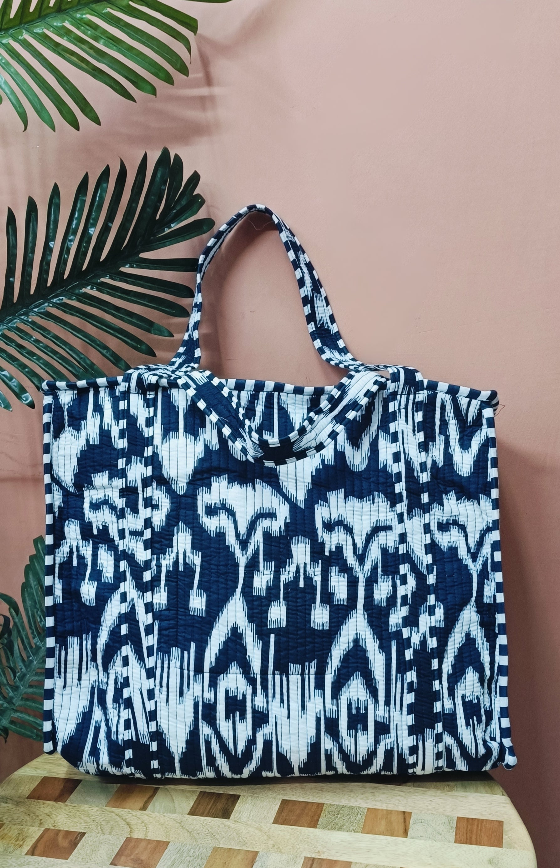 Handblock Printed Quilted Tote Bag with concealed zip ( 17x18x 6 inches)