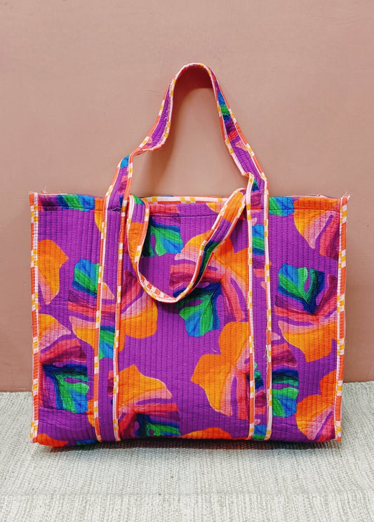 Handblock Printed Quilted Tote Bag without zip/button 17x18x 6 inches