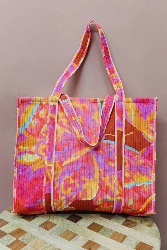 Handblock Printed Quilted Tote Bag without zip/button 17x18x 6 inches