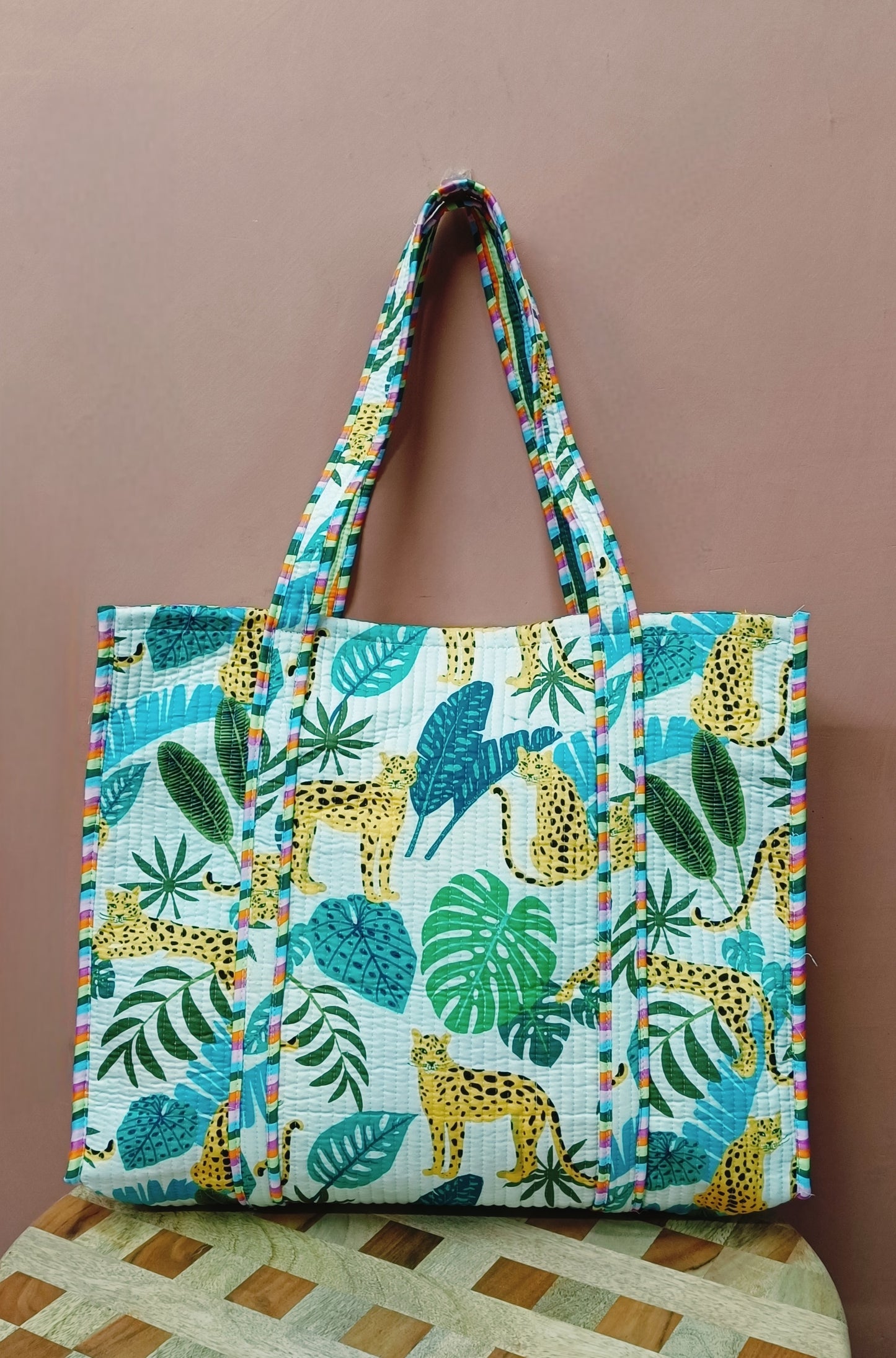 Handblock Printed Quilted Tote Bag without zip/button 17x18x 6 inches