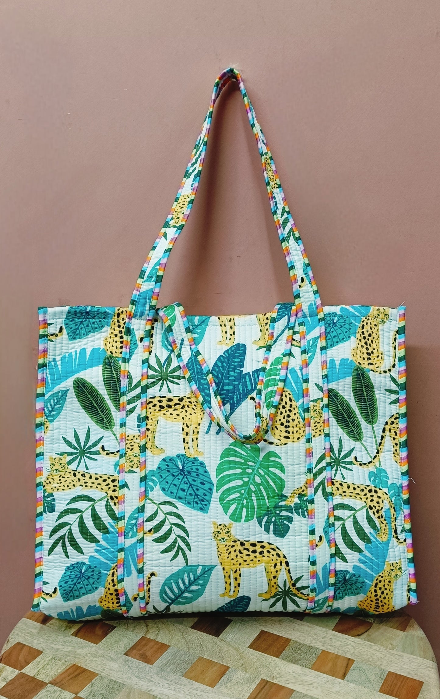 Handblock Printed Quilted Tote Bag without zip/button 17x18x 6 inches