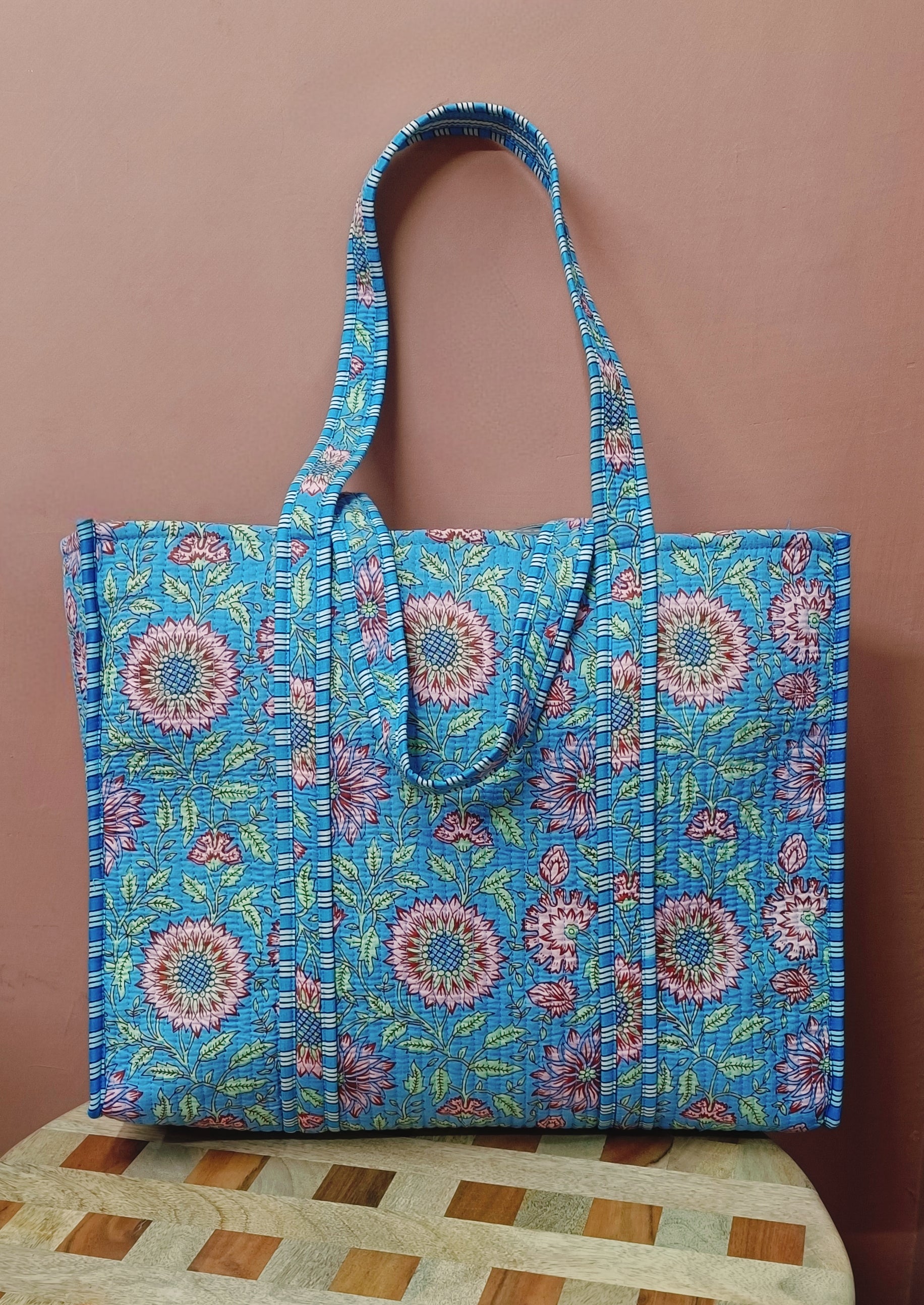 Handblock Printed Quilted Tote Bag without zip/button 17x18x 6 inches
