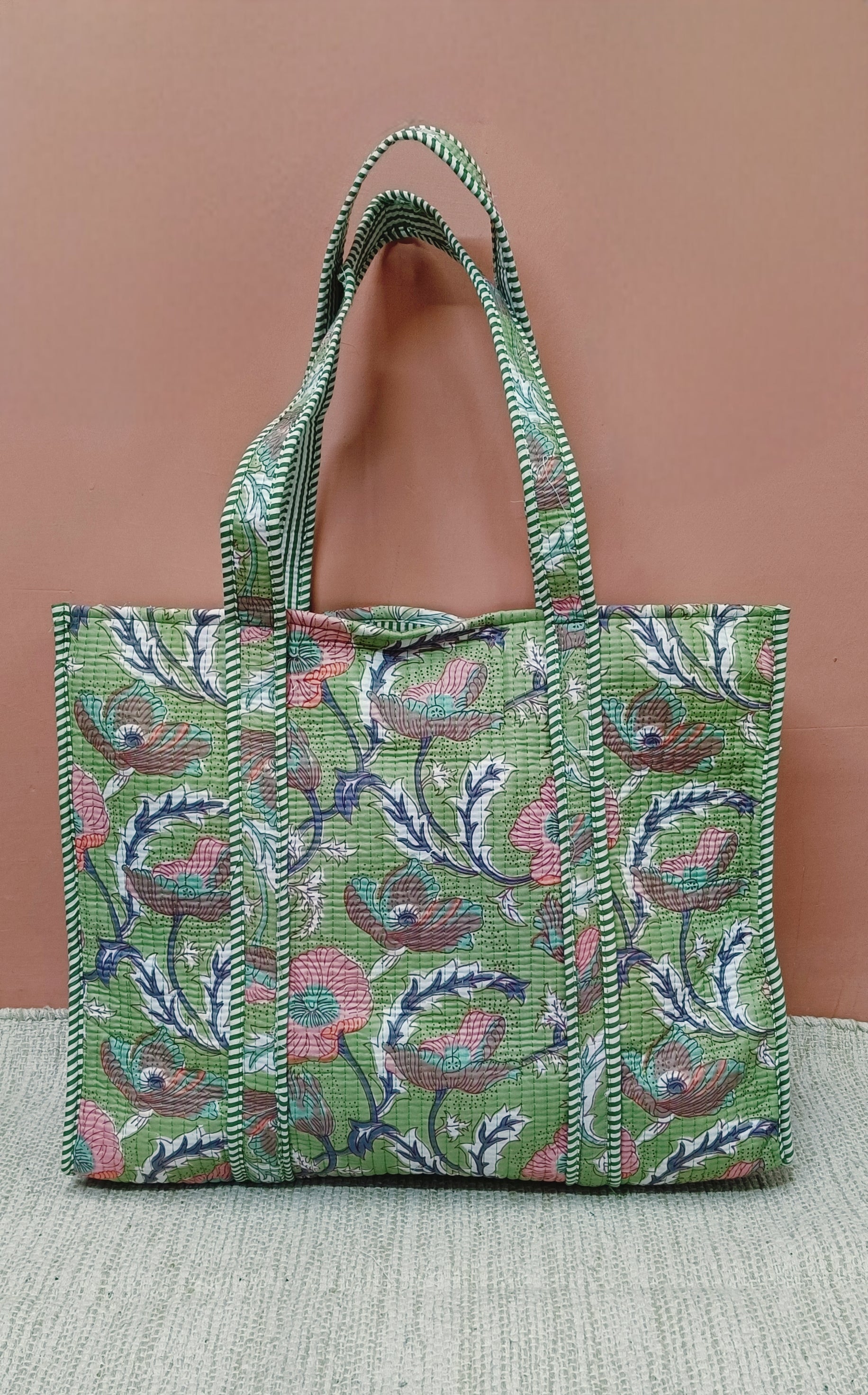 Handblock Printed Quilted Tote Bag without zip/button 17x18x 6 inches