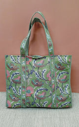 Handblock Printed Quilted Tote Bag without zip/button 17x18x 6 inches