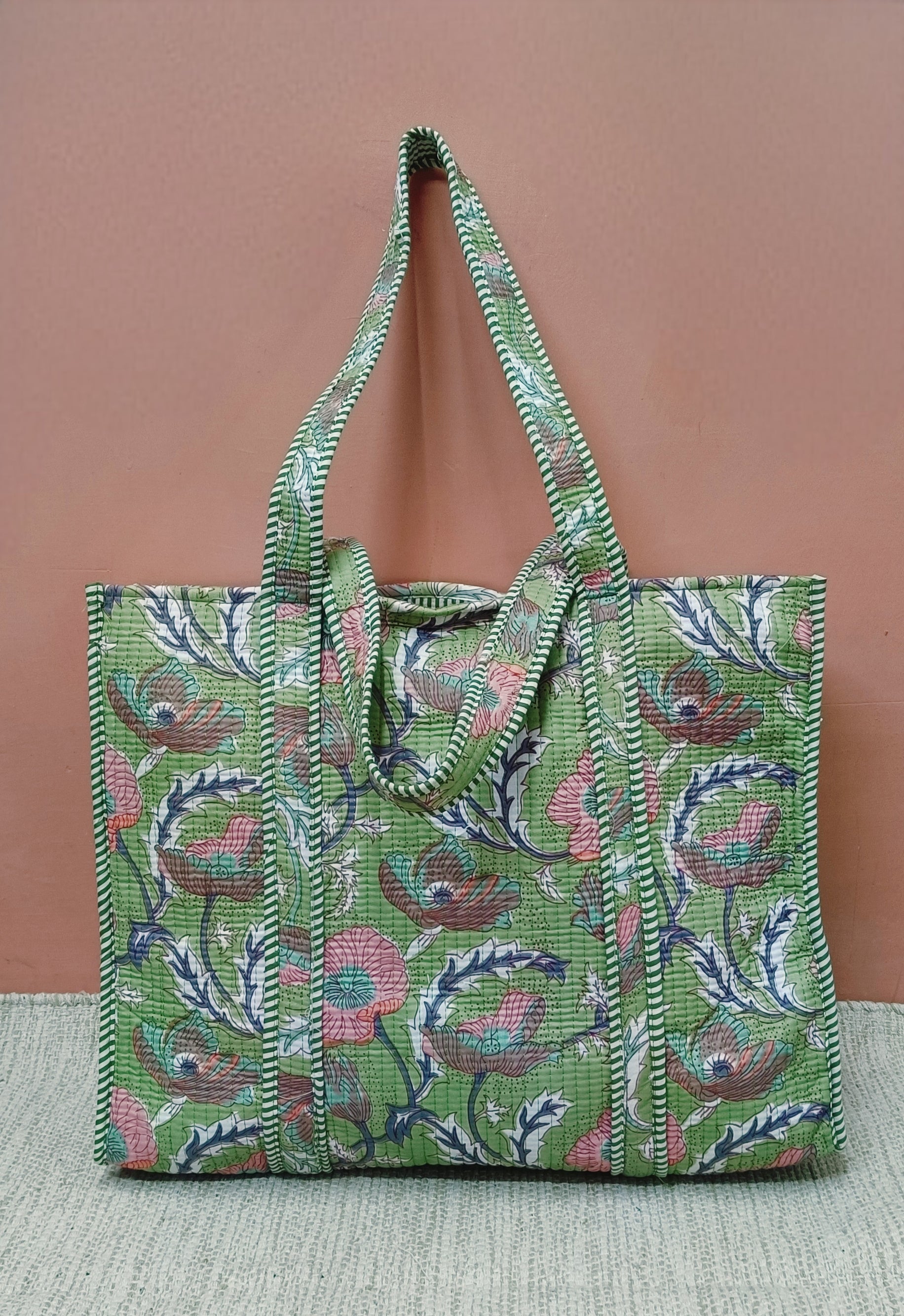 Handblock Printed Quilted Tote Bag without zip/button 17x18x 6 inches