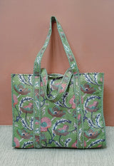 Handblock Printed Quilted Tote Bag without zip/button 17x18x 6 inches