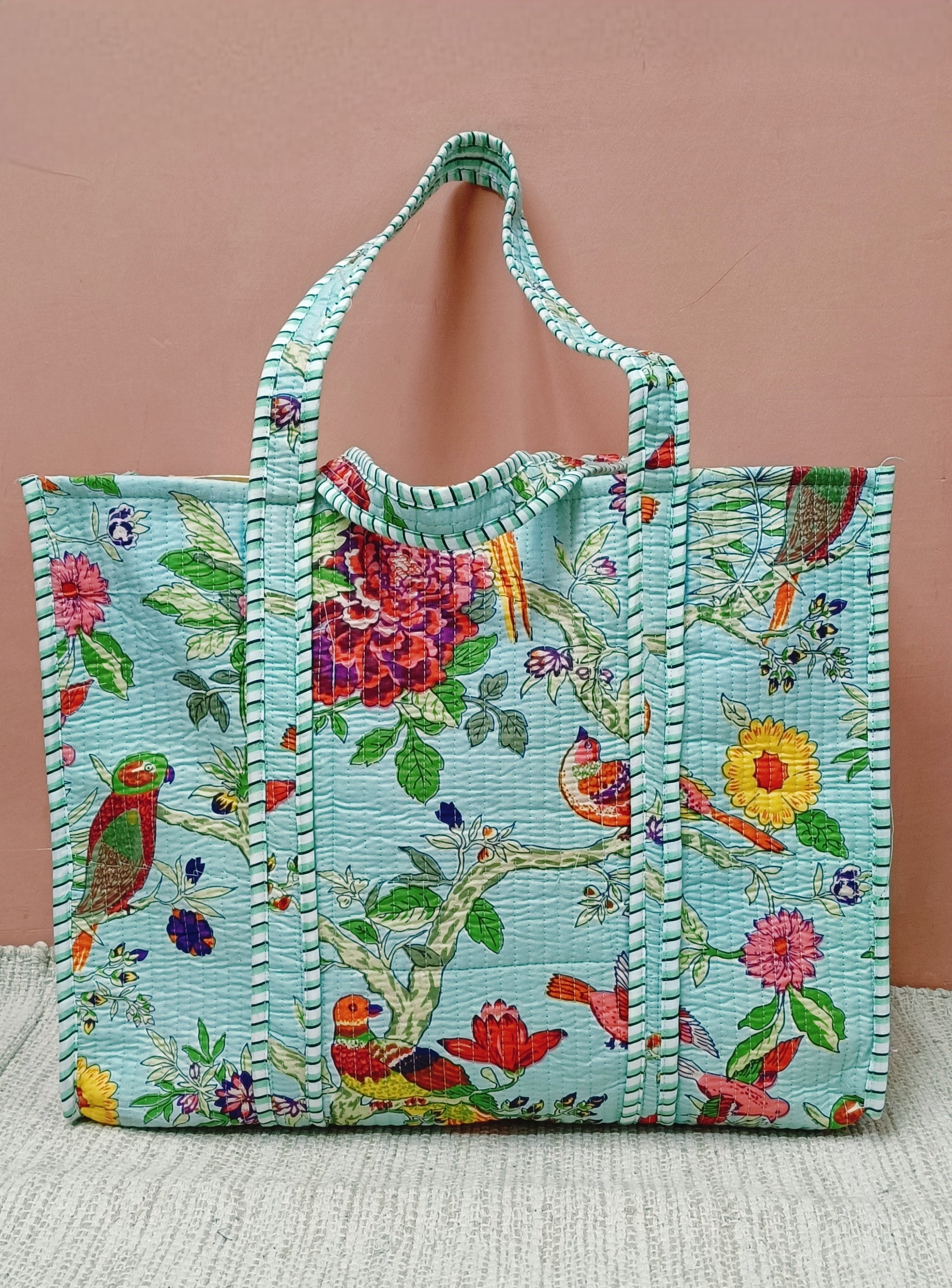 Handblock Printed Quilted Tote Bag without zip/button 17x18x 6 inches