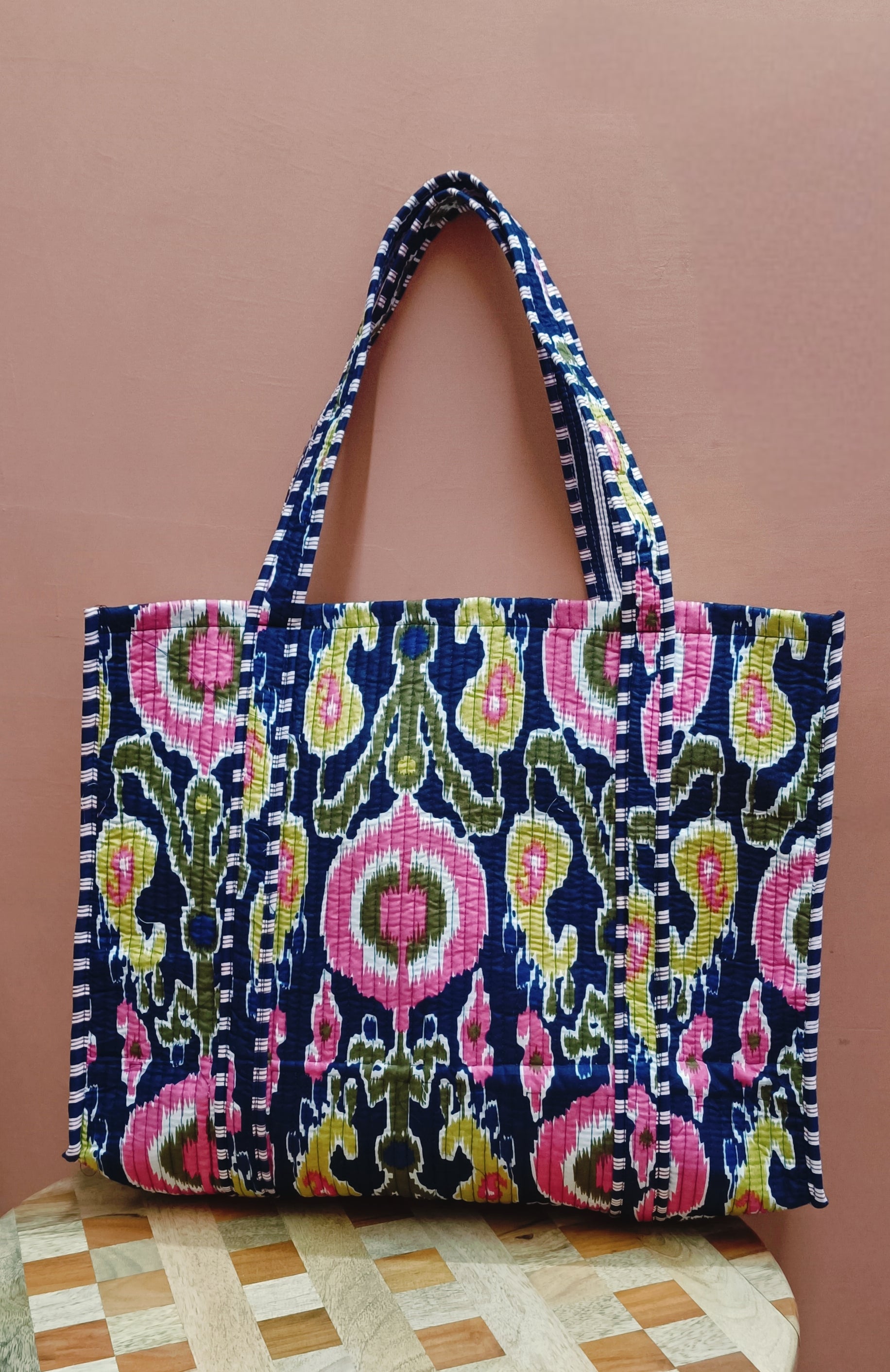 Handblock Printed Quilted Tote Bag without zip/button 17x18x 6 inches