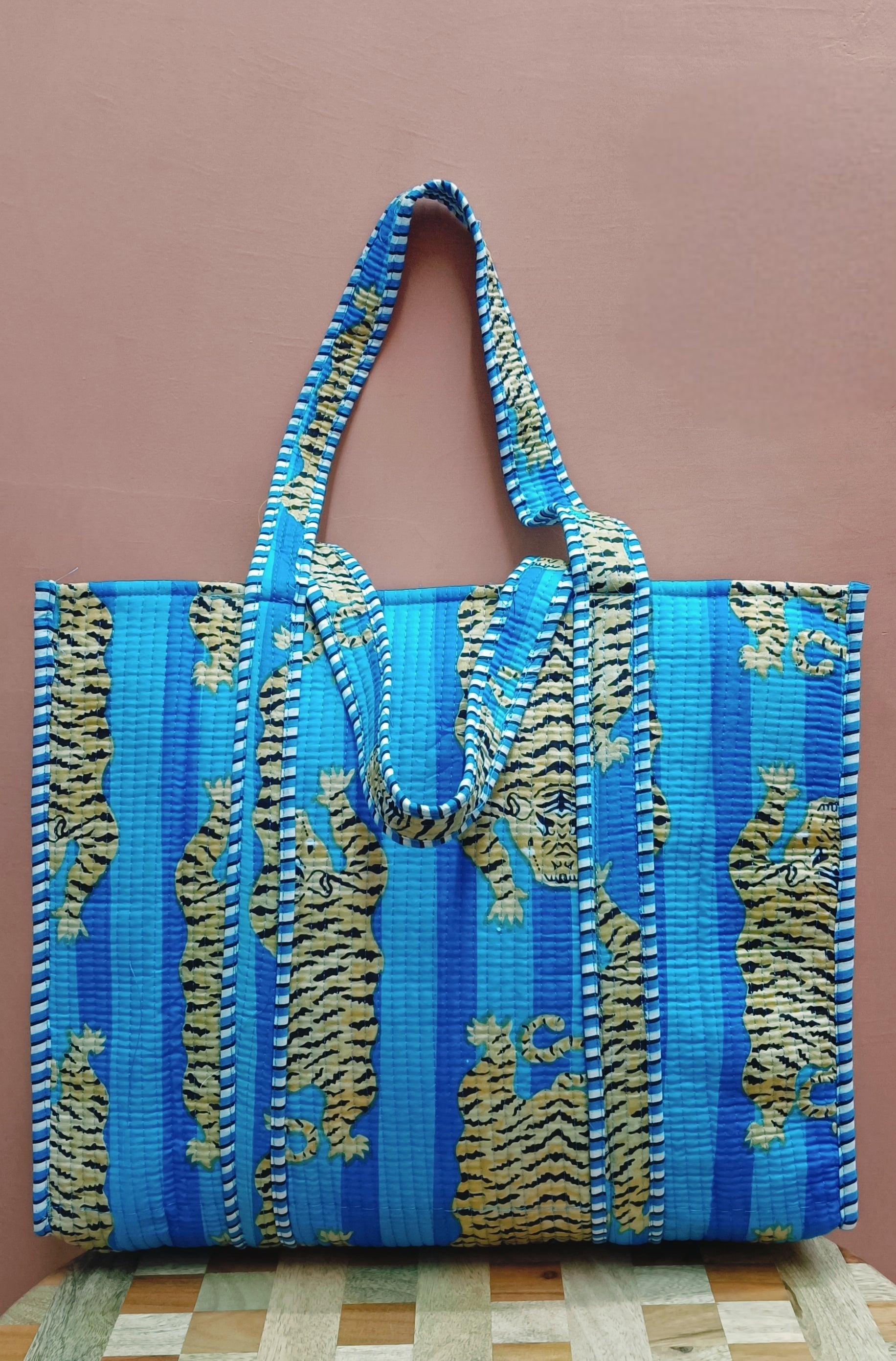 Handblock Printed Quilted Tote Bag without zip/button 17x18x 6 inches