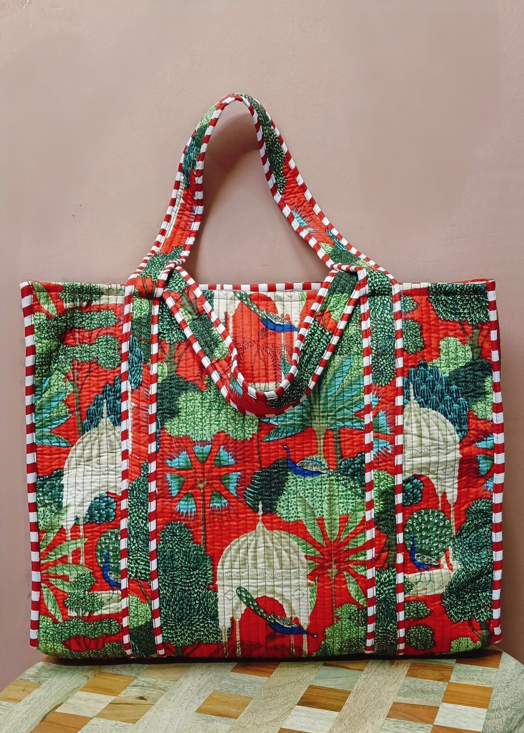 Handblock Printed Quilted Tote Bag without zip/button 17x18x 6 inches