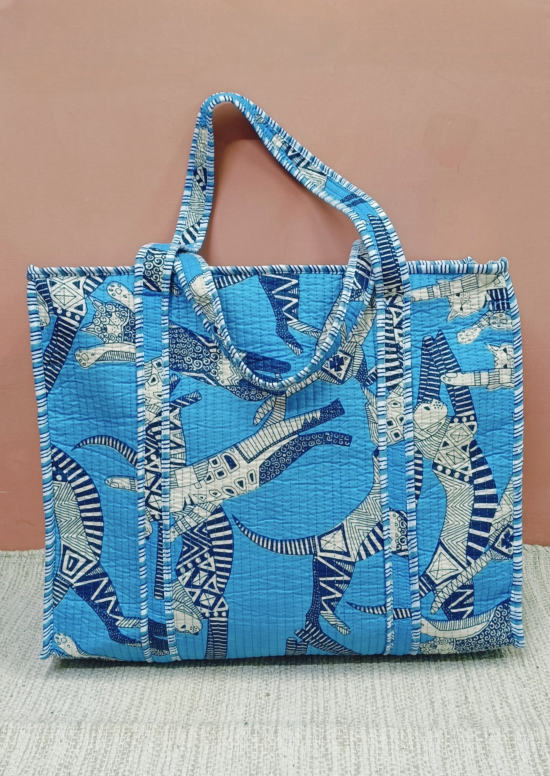 Handblock Printed Quilted Tote Bag with concealed zip ( 17x18x 6 inches)