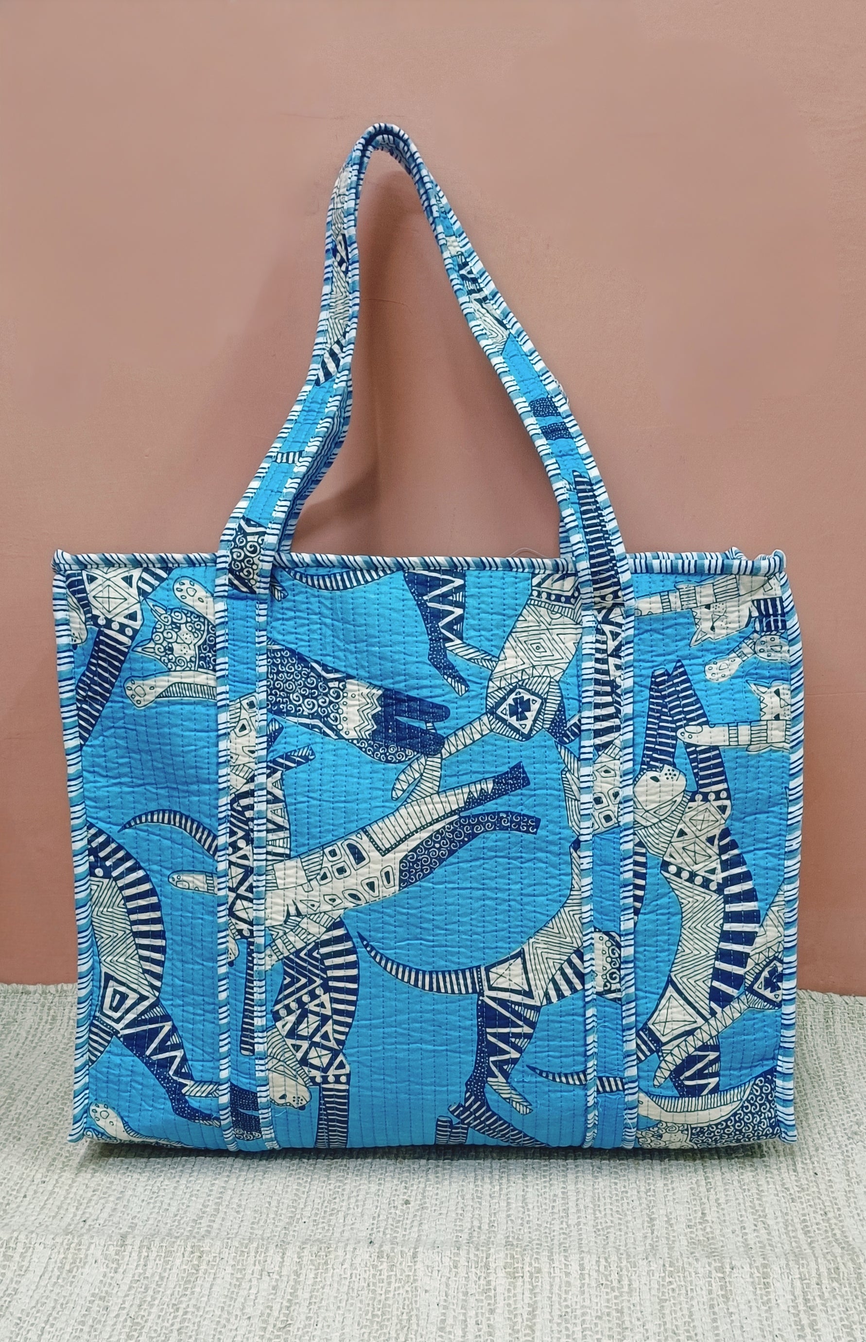 Handblock Printed Quilted Tote Bag with concealed zip ( 17x18x 6 inches)