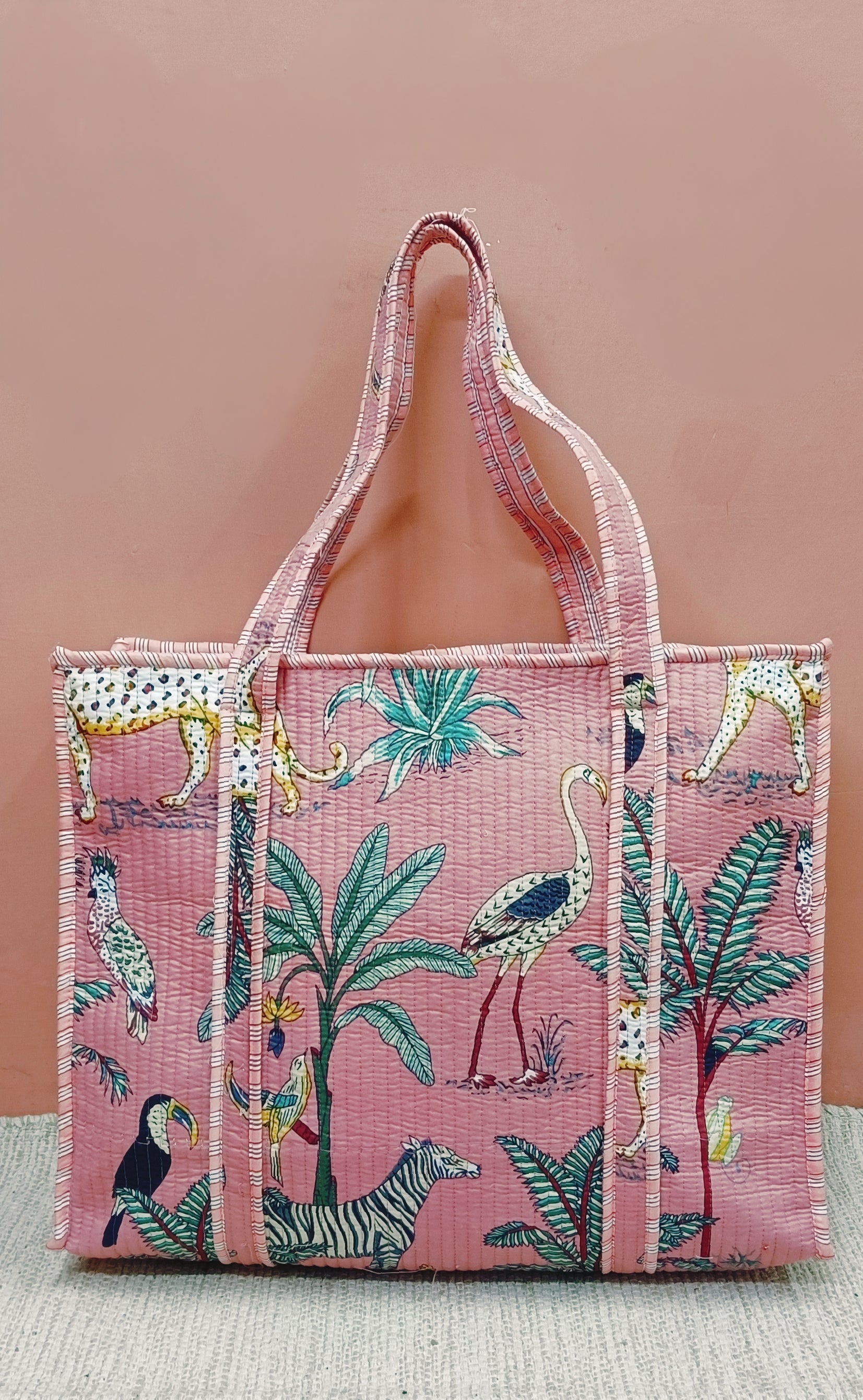 Handblock Printed Quilted Tote Bag with concealed zip ( 17x18x 6 inches)