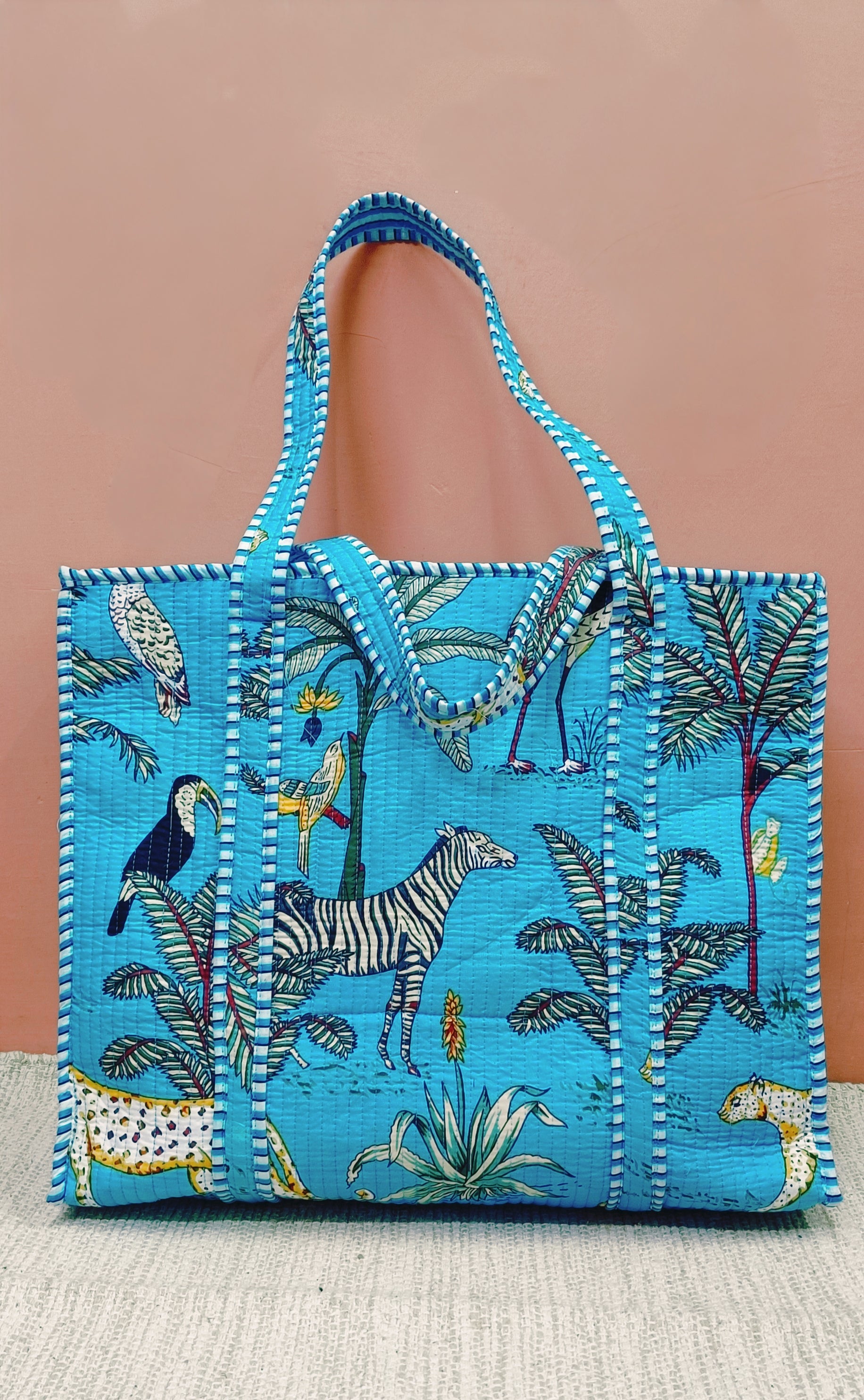 Handblock Printed Quilted Tote Bag with concealed zip ( 17x18x 6 inches)