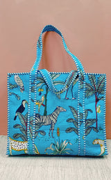 Handblock Printed Quilted Tote Bag with concealed zip ( 17x18x 6 inches)