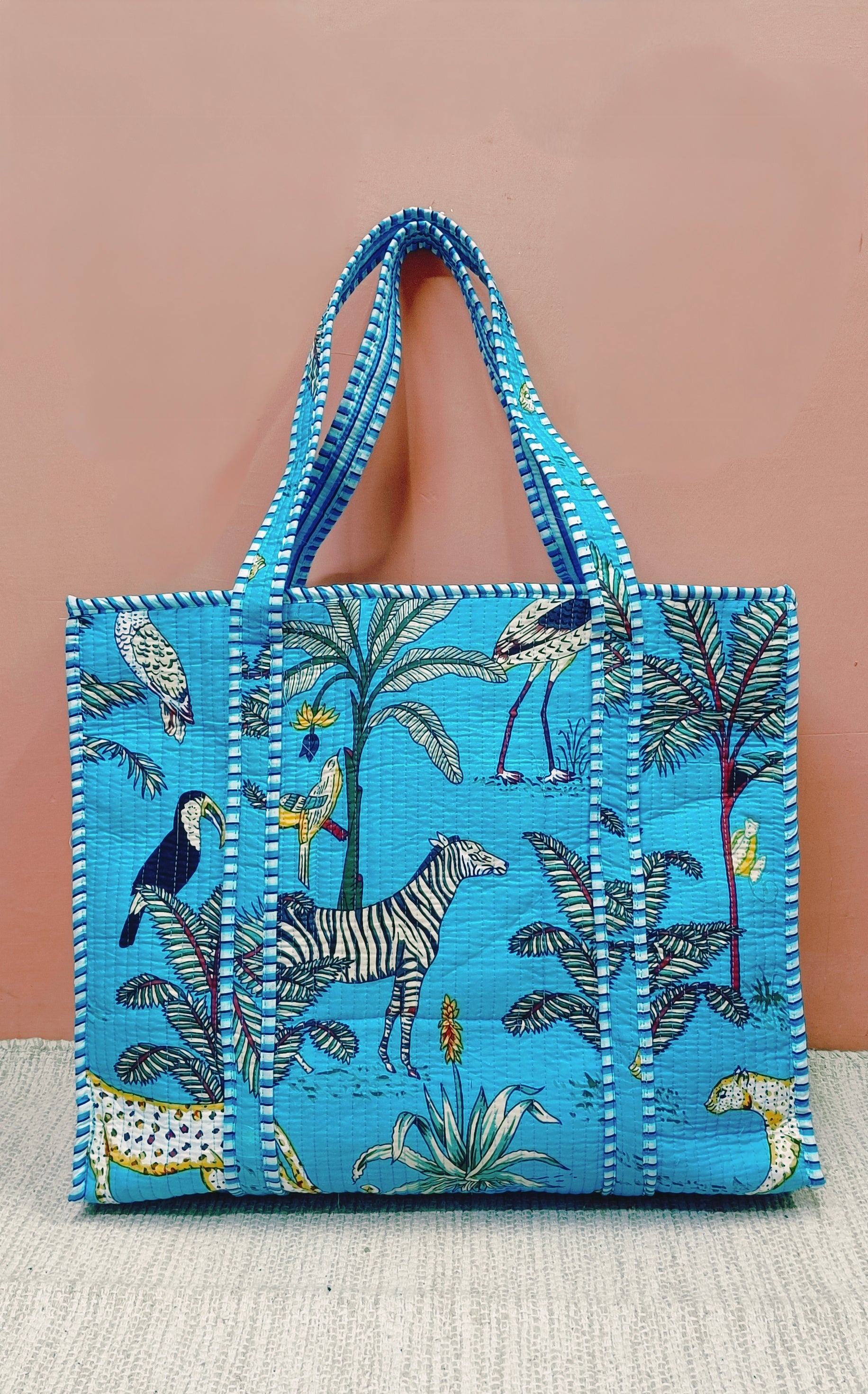 Handblock Printed Quilted Tote Bag with concealed zip ( 17x18x 6 inches)