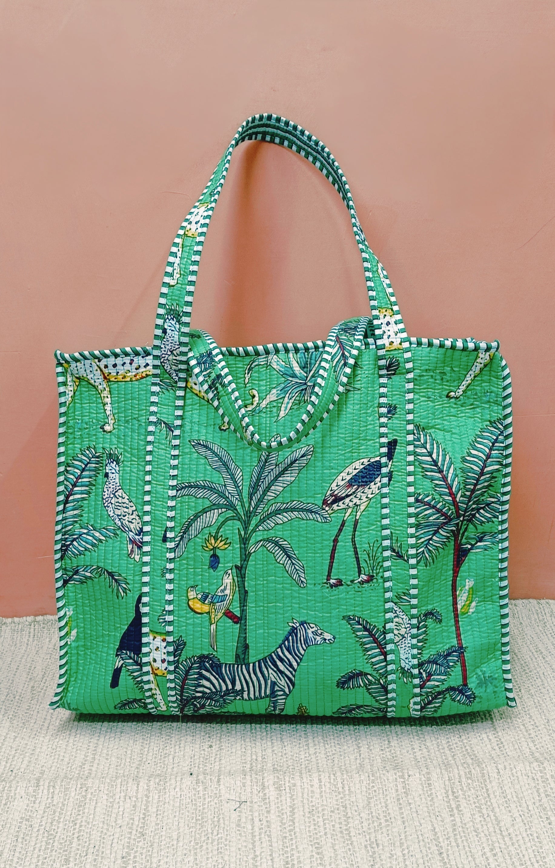 Handblock Printed Quilted Tote Bag with concealed zip ( 17x18x 6 inches)