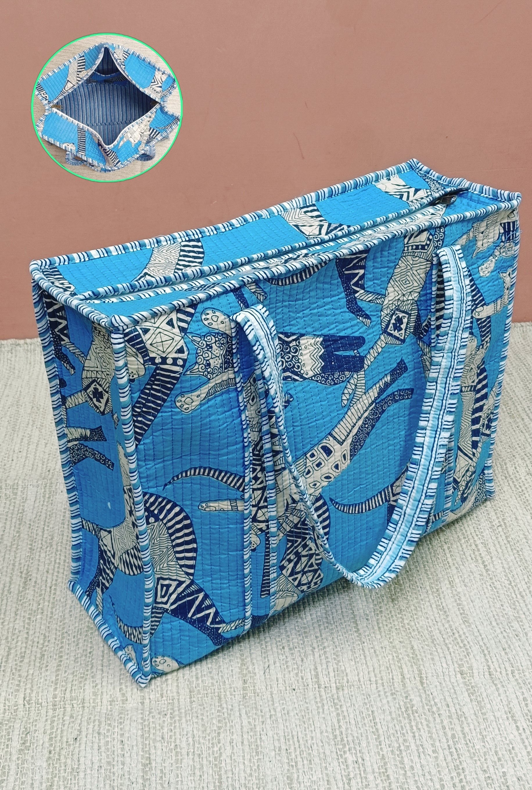 Handblock Printed Quilted Tote Bag with concealed zip ( 17x18x 6 inches)
