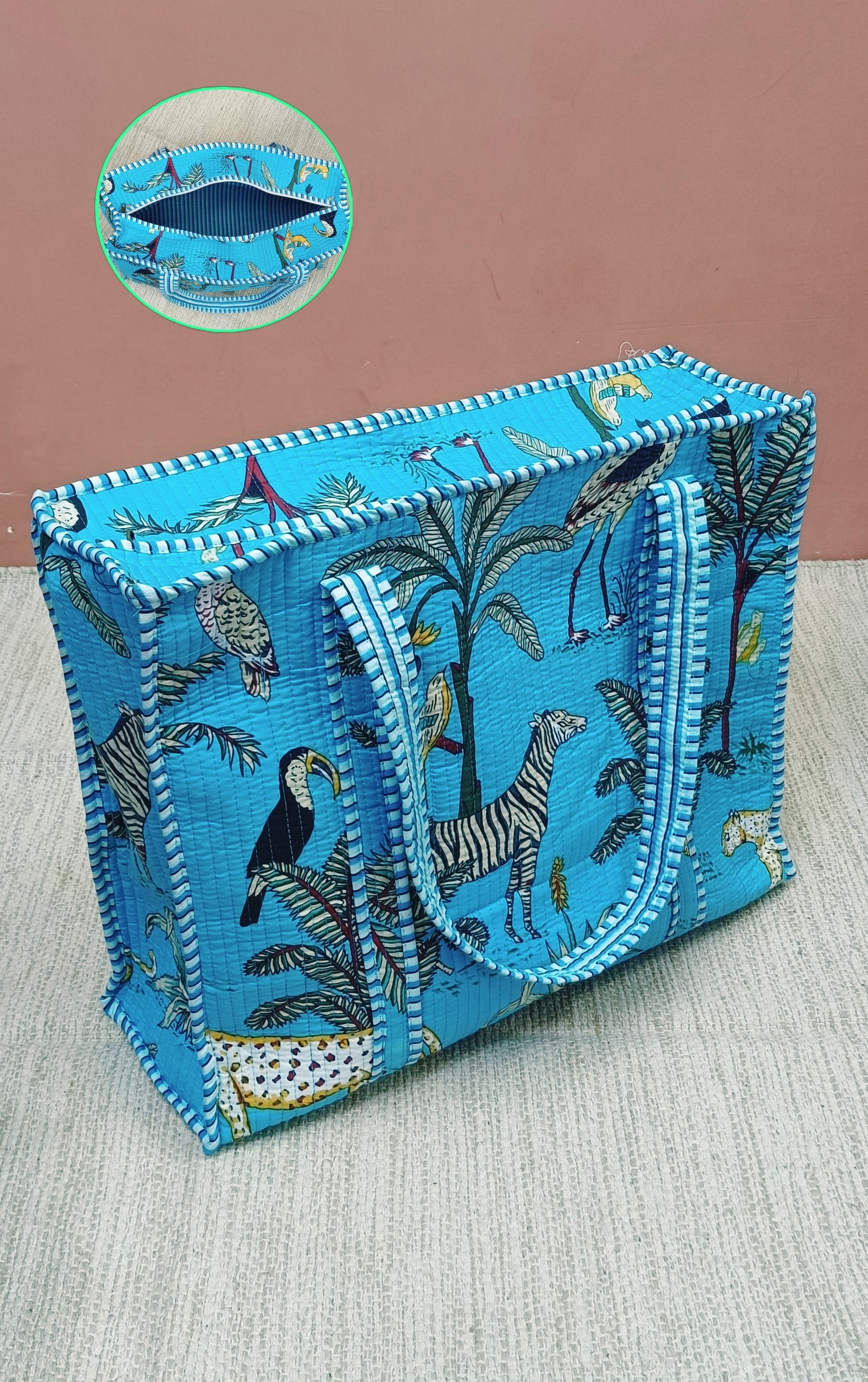 Handblock Printed Quilted Tote Bag with concealed zip ( 17x18x 6 inches)
