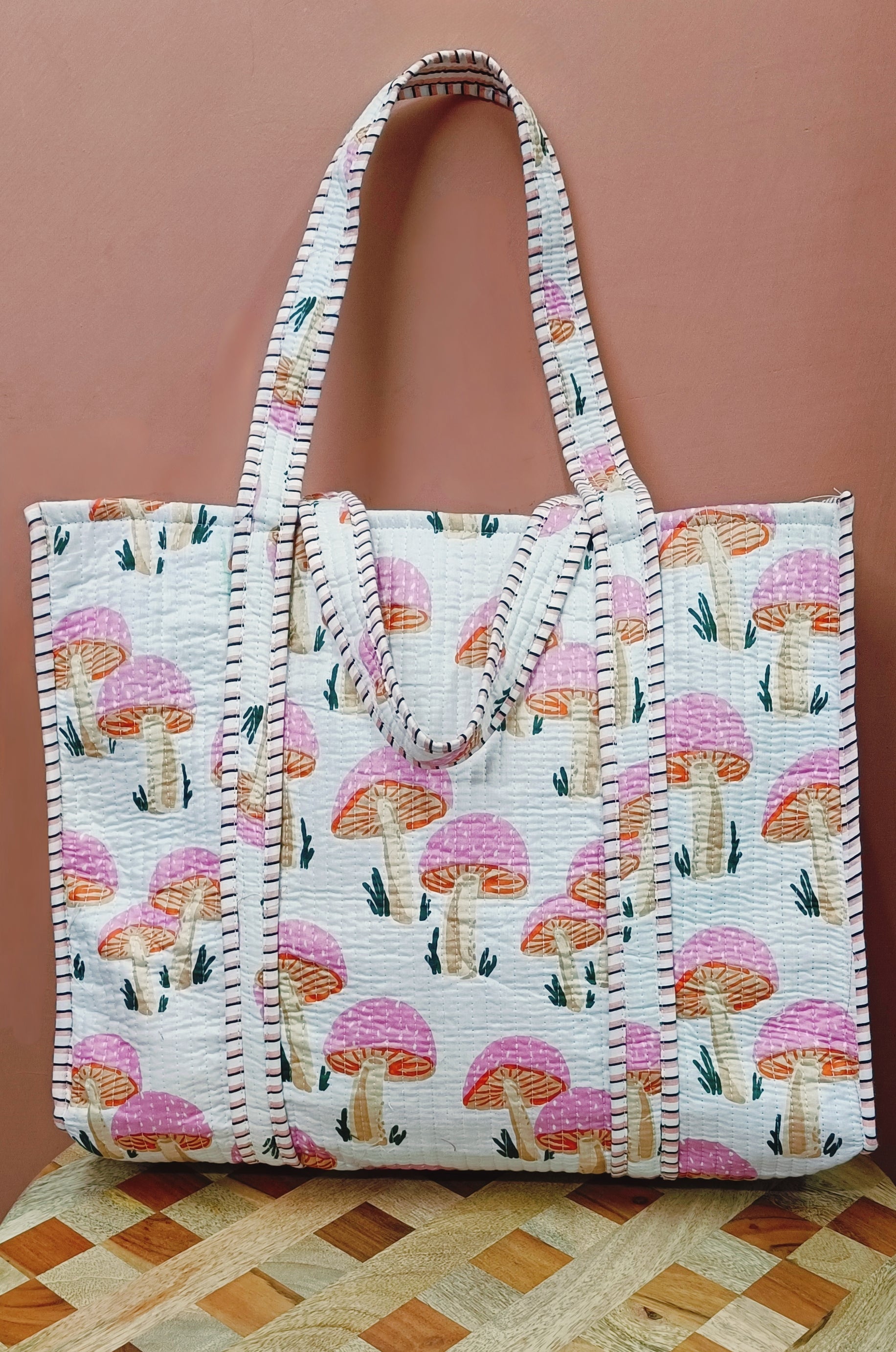 Handblock Printed Quilted Tote Bag without zip/button 17x18x 6 inches